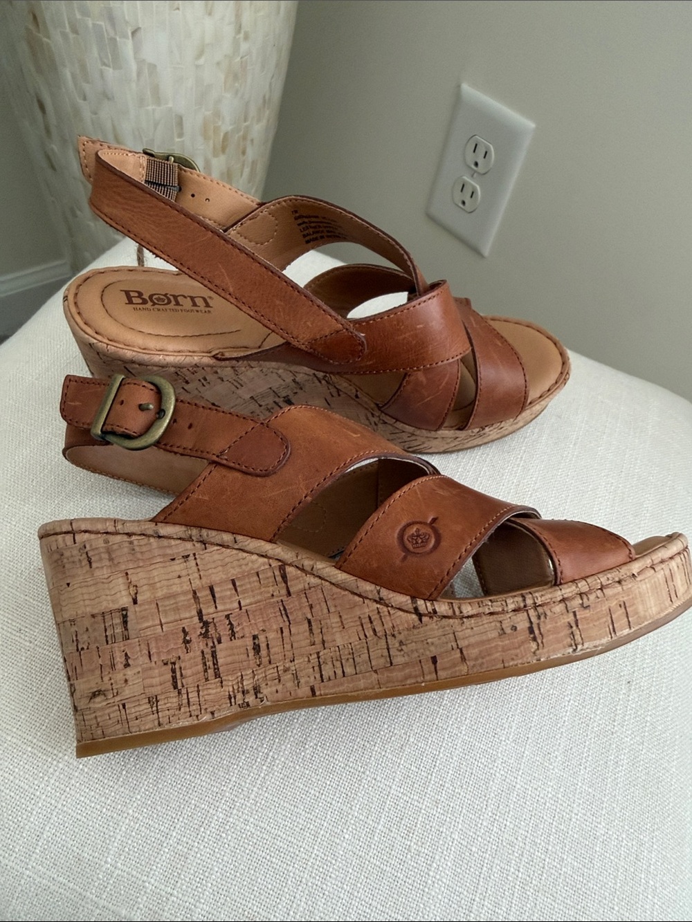 Born Tan Brown Leather Crisscross Wedge Sandals